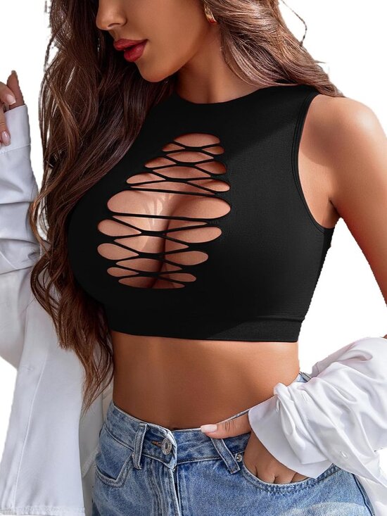 Jewelry - Women's Fishnet Top Sexy Cut Out Crop Short Hollow Out Cropped Tank TopS M L